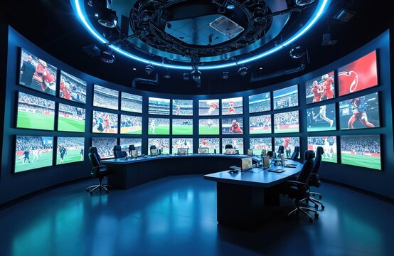 Modern broadcast studio with multiple screens showing live sports matches. Control room monitors game action. Analysts watch events from seats near computers.