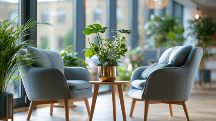 Fototapeta premium A bright modern clinic waiting room glows with soft chairs calm plants and gentle natural light through tall windows waiting room faceless interior modern clinic daylight
