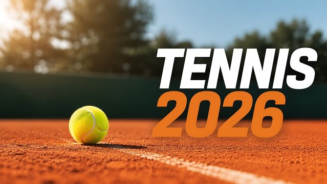 Tennis ball on a clay court with mountains Tennis 2026, US Open Tennis 2026, US Open Tennis, Tennis Poster Design, US Open Tennis Championship Stadium Night View.