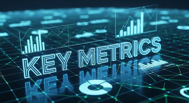 Key metrics glowing blue text on abstract digital network background