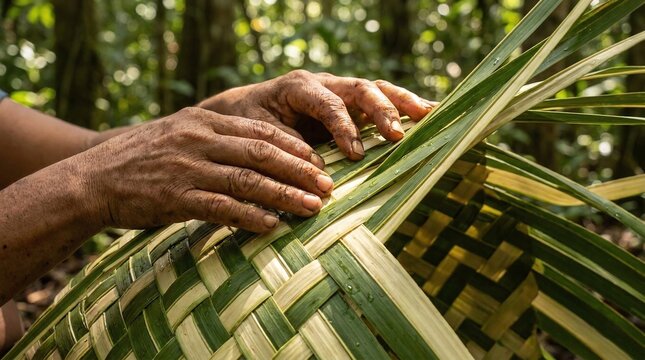 A person skillfully weaves a basket with green and yellow leaves in a forest setting, demonstrating traditional craftsmanship and manual dexterity with natural materials.