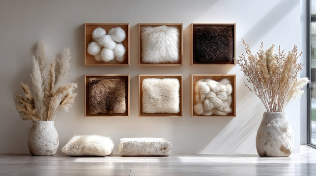Wall mounted wooden frames filled with faux fur, wool and chunky yarn create a textured fiber art display beside pampas grass, adding warmth to a minimalist, sunlit room
