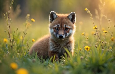 Fototapeta premium Cute fox cub sits in sunlit meadow with yellow flowers. Young wild animal with soft fur looks at camera. Baby fox explores green grass on warm spring day. Curious young creature.