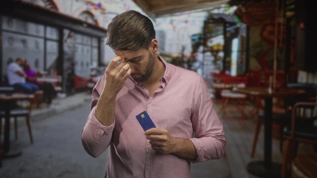 Hispanic man with beard wearing pink shirt holding creditcard pinches nose bridge on street cafe terrace amid empty tables; financial anxiety.