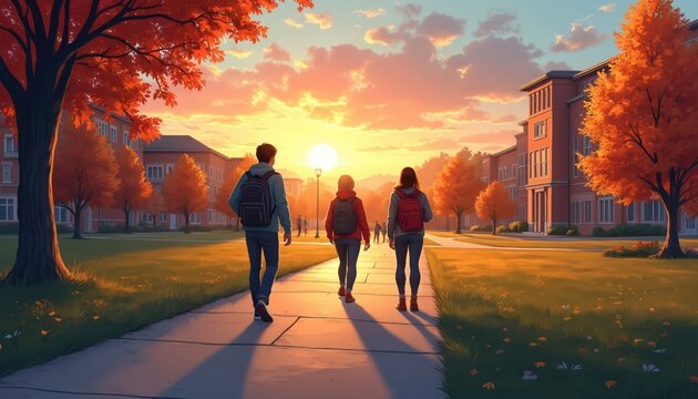 Students walk across campus with backpacks at sunset. Autumn trees line the pathway near brick buildings. The warm golden light creates long shadows on the grass.