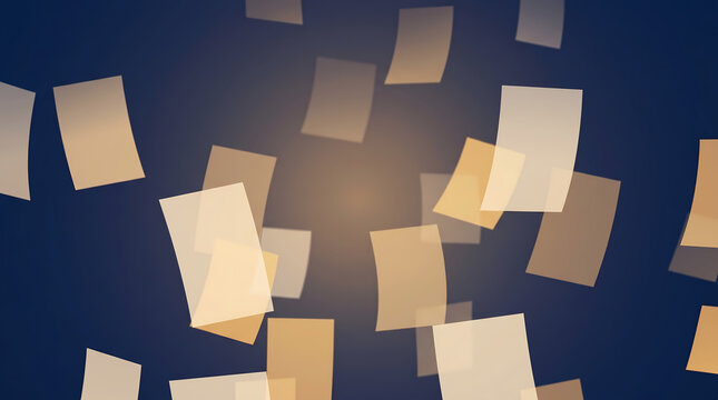 Abstract background with numerous translucent rectangular shapes resembling falling papers or cards against a dark blue backdrop with a central glow.
