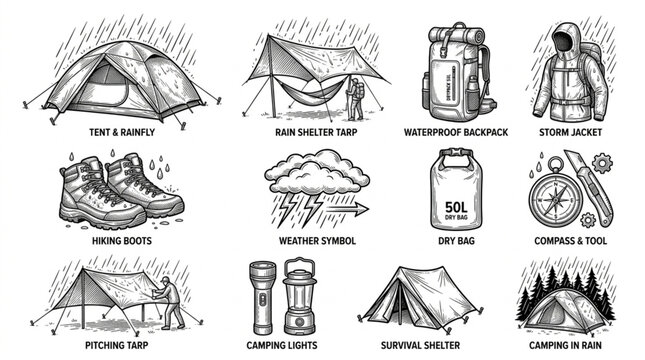 Camping Gear and Weather Protection Illustrations.
