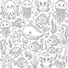 Obraz premium Cute sea animals and ocean plants doodle collection, hand-drawn doodle style sea creatures