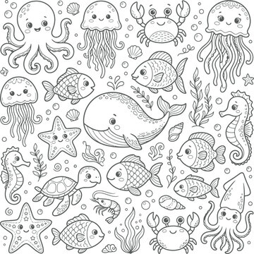 Cute sea animals and ocean plants doodle collection, hand-drawn doodle style sea creatures