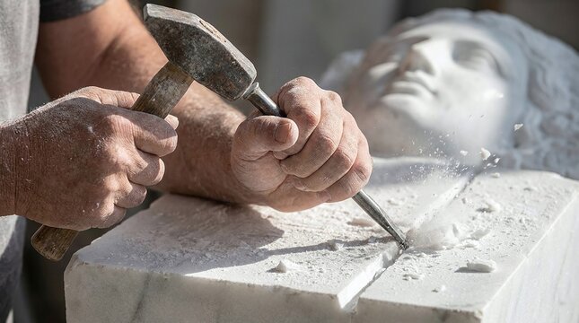 A skilled sculptor carves a detailed marble statue with a hammer and chisel in a workshop, creating a realistic face.