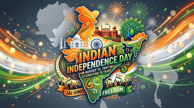 Vibrant indian independence day celebration with fireworks and landmarks