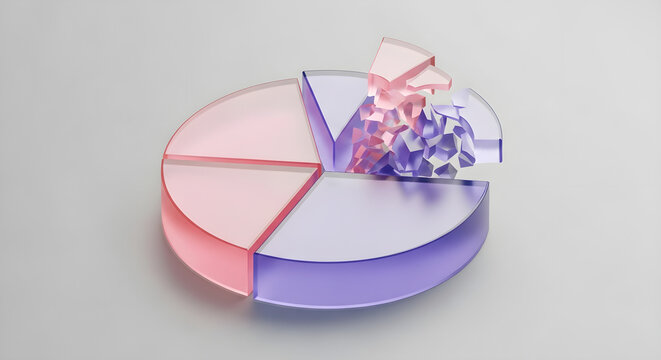 Abstract 3D rendering of a pie chart with shattered glass pieces and scattered crystals in pink and purple hues
