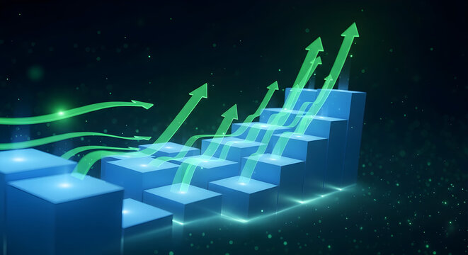 Visualizing exponential growth and strategic development through glowing arrows ascending illuminated steps, representing success in a data-driven technological landscape