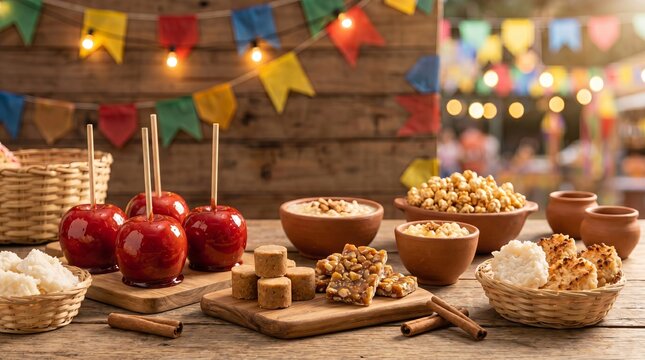 Colorful Brazilian Festa Junina sweets table with candy apples, peanut brittle, sweet popcorn and pa&ccedil;oca