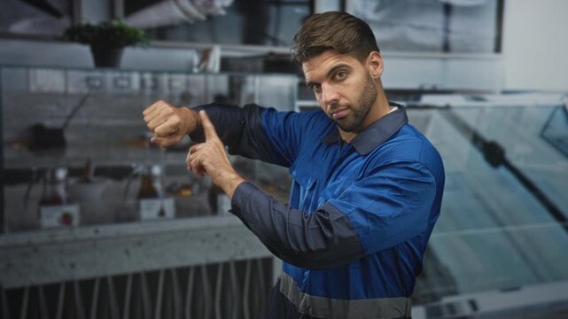 Man in blue work overalls and beard points finger to wrist beside mechanical equipment in a building; urgency.