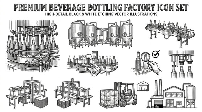 Beverage Bottling Factory Icon Set Industrial Production Line.