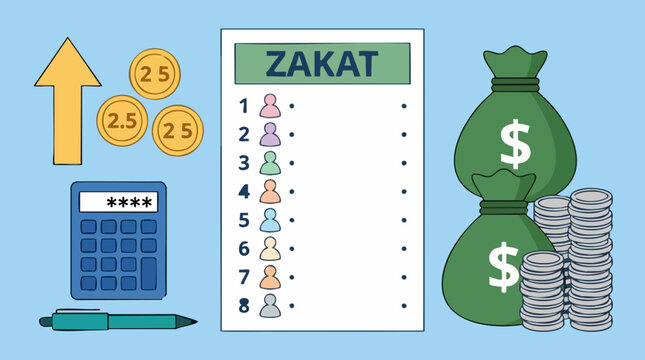 Zakat concept with wealth, calculator, and recipient list illustration