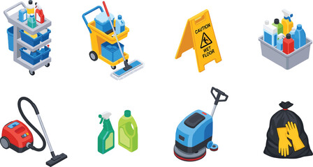 Fototapeta premium Collection of cleaning supplies and equipment on a transparent background.