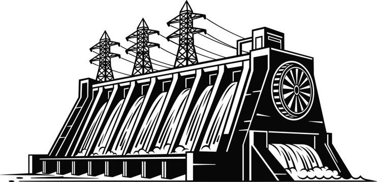 Hydroelectric dam with water flowing and power lines.