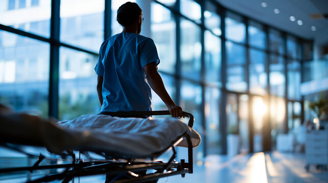 A medical staff silhouette pushes a soft hospital bed through a bright sterile room with a large window letting in calm natural light hospital room faceless silhouette modern