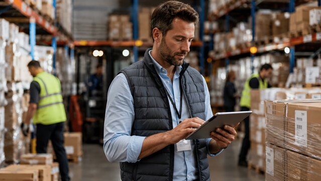 Warehouse manager using a tablet in a large storage facility, representing logistics, inventory management, supply chain operations, and modern warehouse technology.