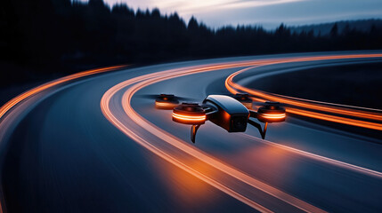 Fototapeta premium Drone flying over winding road, creating aerial light trails with its illuminated propellers and body, representing advanced technology and speed in night drone operations