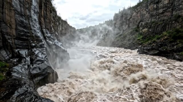 Raging mountain river crashing through steep rocky canyon walls