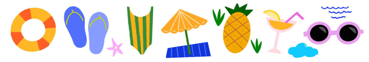 Hand drawing illustration summer objects swimming swimsuit flippers umbrella pineapple cocktail sunglasses tube starfish ocean © Hh cc