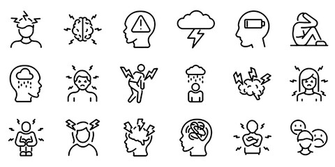 Fototapeta premium Set of Outline Icons Related to Stress, Linear Icon Collection with Editable Stroke, Mental Health and Pressure Management Symbols Vector Illustration