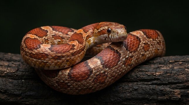 Coiled corn snake with reddish‑orange and brown blotches, cream borders, glossy scales, resting on dark stone surface&hellip;