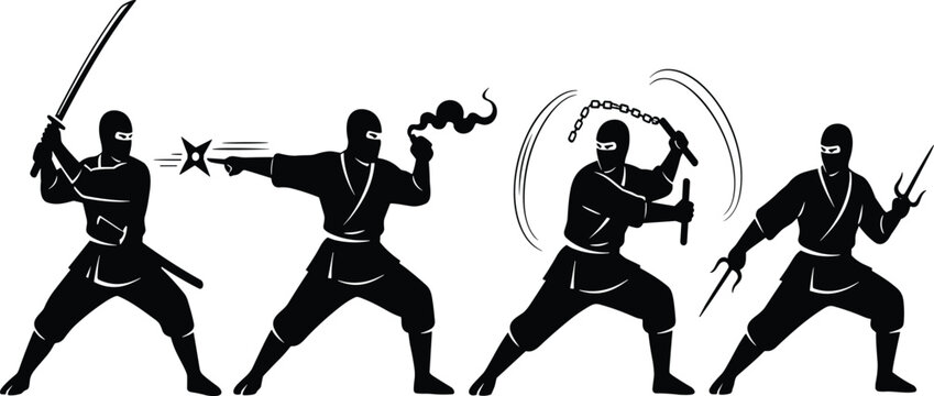 Ninja silhouettes with katana, shuriken, nunchaku and sai