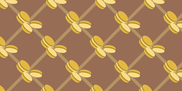 Seamless pattern macarons on a brown geometric checkered background. Ideal for bakery branding, wrapping paper, textile prints, packaging, stationery, scrapbook decoration, and food project commercial