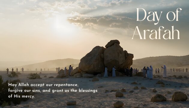 Muslim pilgrims at Mount Arafat during Day of Arafah with sunrise glow