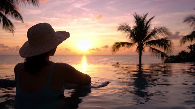 Woman in infinity pool watching tropical sunset behind palm trees