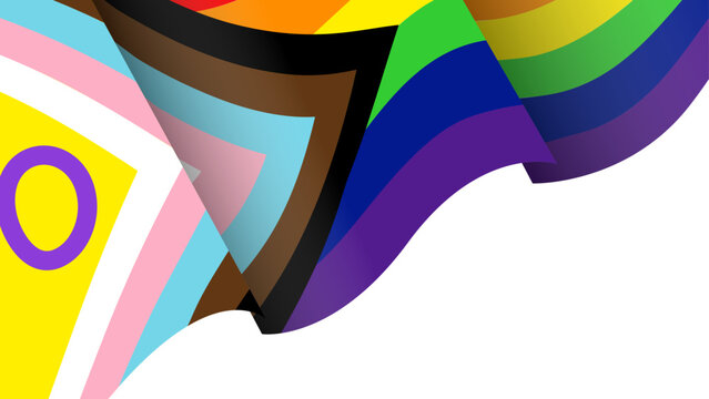 Intersex inclusive progress pride flag close up with vibrant colors, Detailed waving LGBTQIA community symbol showcasing the modern diversity chevron, Close shot of colorful representation banner