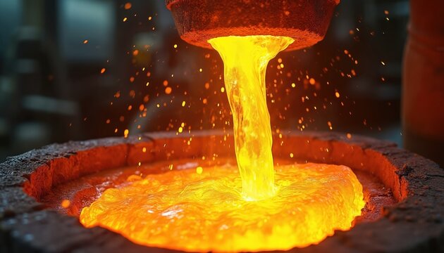 Molten metal pours into crucible, creating brilliant orange fluid. Sparks fly from intense heat and glowing liquid, symbolizing industry and creation.