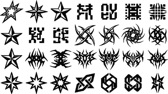 Y2K aesthetic vector graphic shapes icon set featuring brutalist stars neo tribal elements and abstract geometric symbols isolated vector illustration
