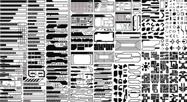 ## Title
Futuristic sci fi UI elements hud interface panels tech loading bars and cyberpunk graphic design shapes vector illustration