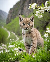 Obraz premium A eurasian lynx kitten, digitally created fantasy animal, generative ai, in a spring blossom 