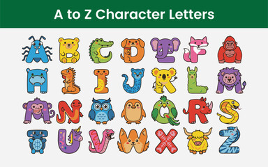 Fototapeta premium Animal Alphabet Letters A-Z Vector Set | Cute Cartoon Animal ABC Collection