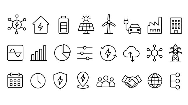 Virtual Power Plant VPP Energy Aggregation Icons Set - 24 Modern Line Icons Collection for Web, Mobile App, Dashboard and Business UI Design