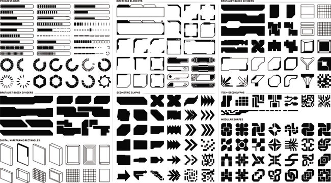Sci fi futuristic user interface HUD element pack with progress bars crosshairs target frames and geometric shape vector illustration