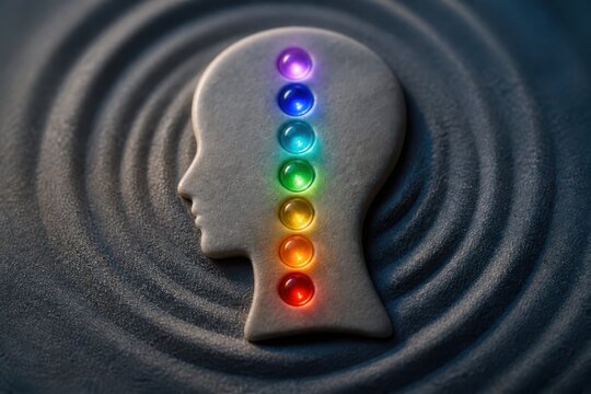Colorful chakra points on human head silhouette in calming abstract meditation concept