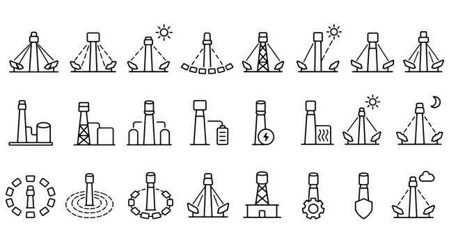 Concentrated Solar Power CSP Tower Icons Set - 24 Modern Line Icons Collection for Web, Mobile App, Dashboard and Business UI Design