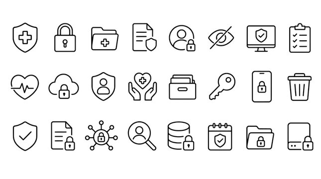 HIPAA Healthcare Privacy Security Icons Set - 24 Modern Line Icons Collection for Web, Mobile App, Dashboard and Business UI Design