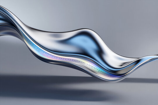 Liquid metal wave flows through a gray void with glowing binary code embedded in its undulating surface. Reflected highlights accentuate the chrome texture and silver curvature.