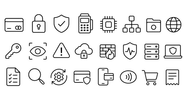 PCI DSS Payment Card Compliance Icons Set - 24 Modern Line Icons Collection for Web, Mobile App, Dashboard and Business UI Design