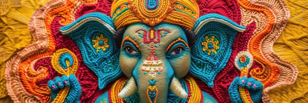 Vibrant depiction of the multi-headed elephant deity in intricate artwork