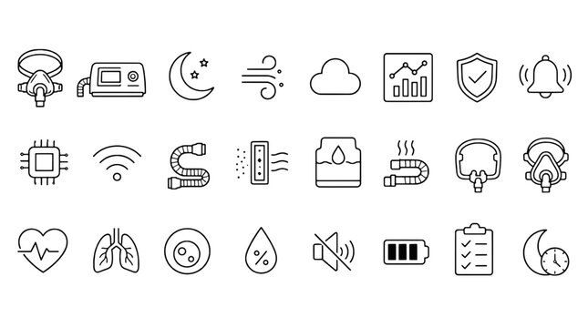 Sleep Tracker Monitoring Cpap Icons Set - 24 Modern Line Icons Collection for Web, Mobile App, Dashboard and Business UI Design