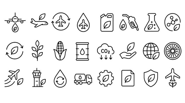 Sustainable Aviation Fuel SAF Aircraft Icons Set - 24 Modern Line Icons Collection for Web, Mobile App, Dashboard and Business UI Design